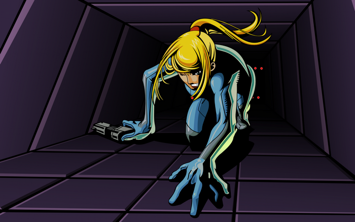 Samus Aran from Metroid in a dark corridor
