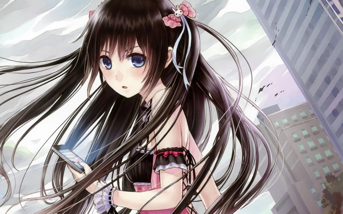 Anime girl with black hair and blue eyes holding a phone