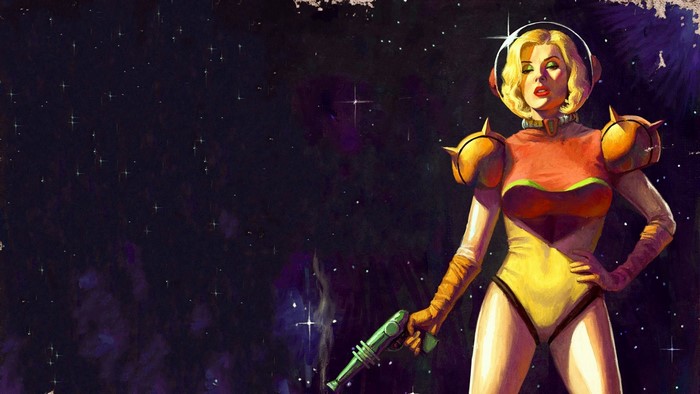Samus Aran from Metroid in a retro sci-fi style