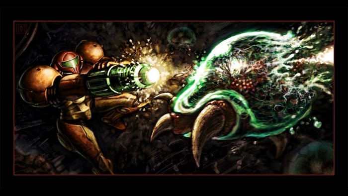 Samus Aran fighting a creature in Metroid