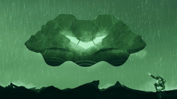 Samus Aran from Metroid under a UFO in the rain