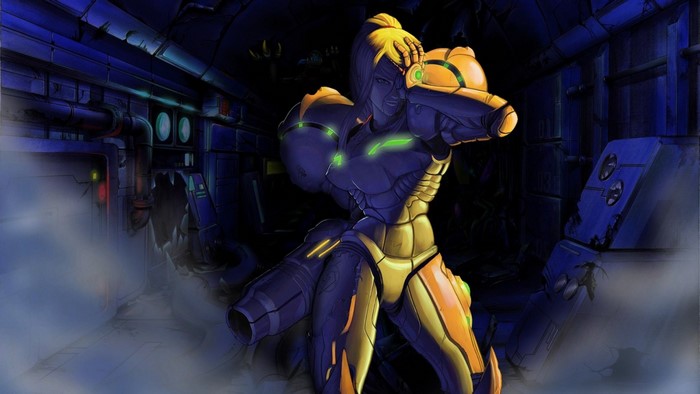 Samus Aran from Metroid in a dark, industrial setting