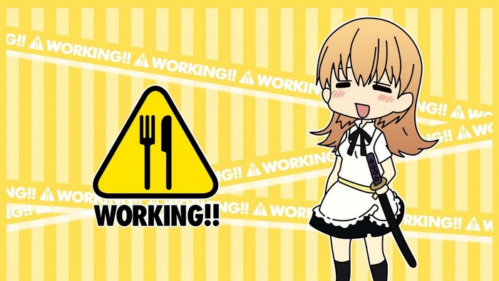 Chibi girl with sword and "WORKING!!" sign