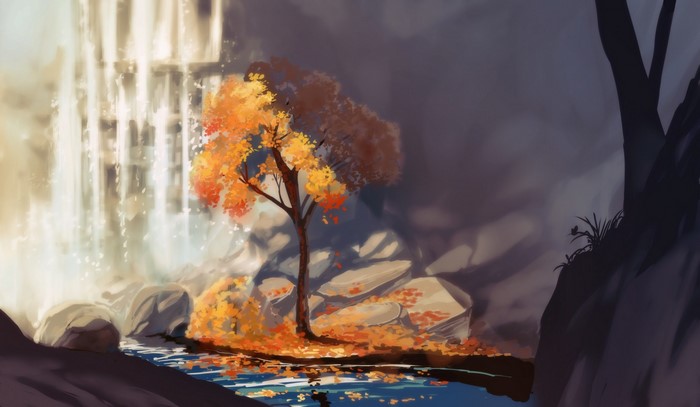 Autumn tree by a waterfall with fallen leaves