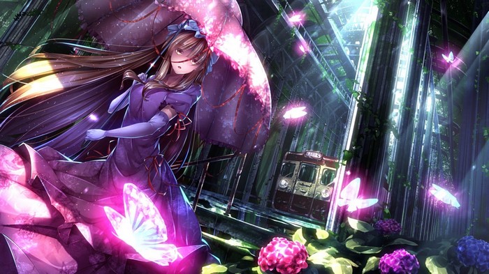 Anime girl with umbrella and butterflies near train