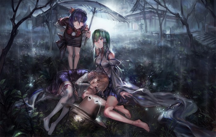 Anime girls under an umbrella in the rain