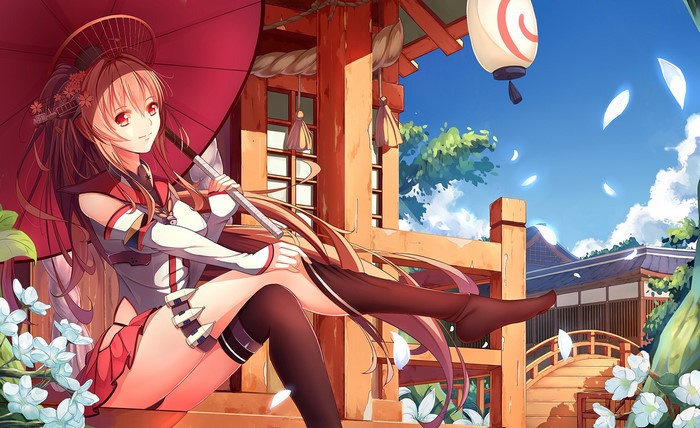 Anime girl with umbrella in Japanese garden