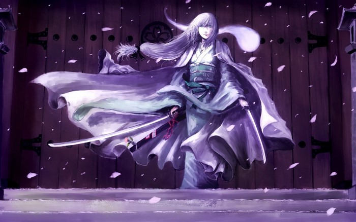 Anime character with swords in front of wooden doors