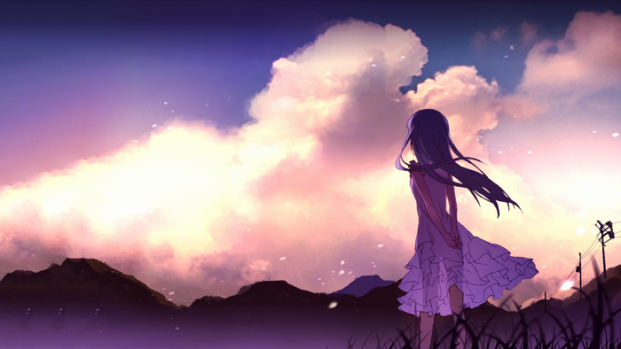 Menma from Anohana looking at the sunset sky