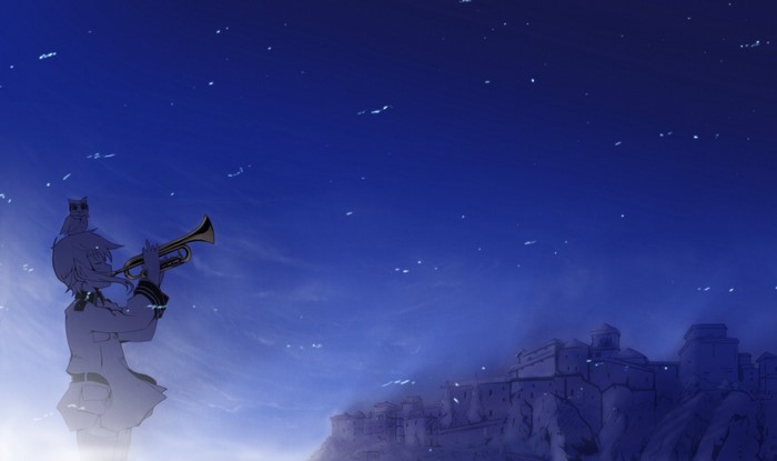 Princess Iliya from Sora no Woto playing trumpet under the stars