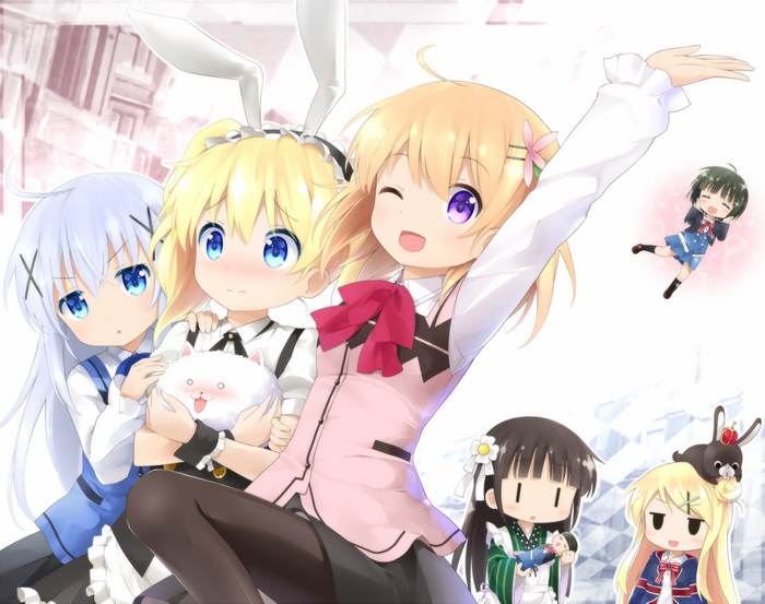 Anime girls with bunny ears and cat plush