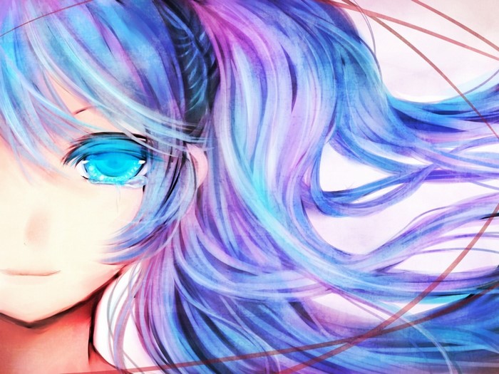 Hatsune Miku with blue and purple hair crying