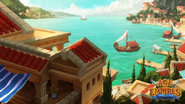 Age of Empires Online screenshot of a coastal city with ships