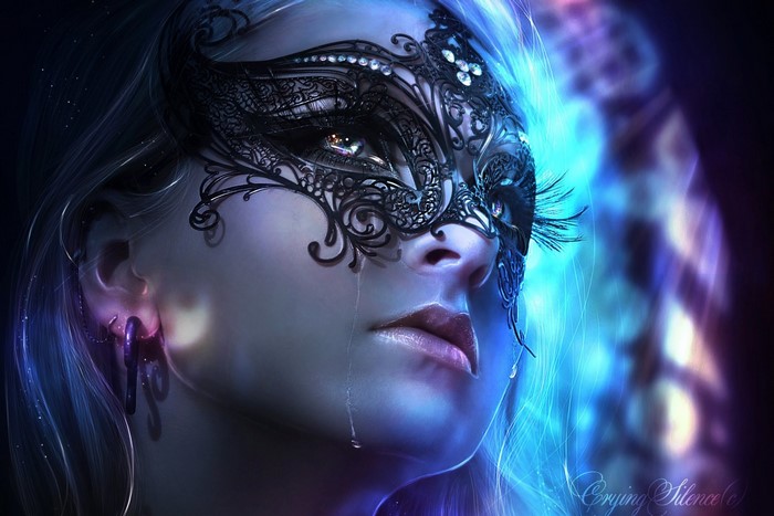 Woman in a black mask crying