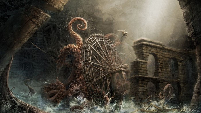 Giant octopus attacking a water mill in ancient ruins