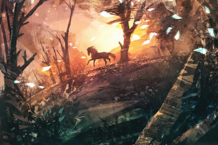 Horse running through a sunlit forest painting