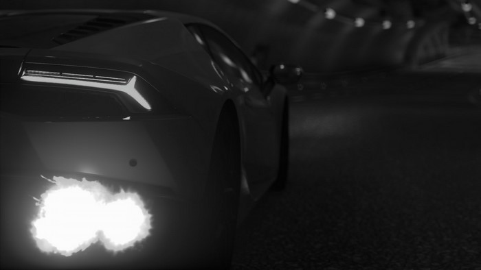 Lamborghini sports car with exhaust flames in a tunnel