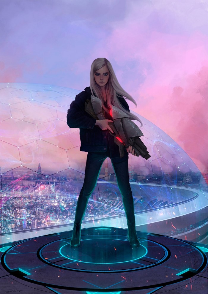 Science fiction artwork of a woman with a gun