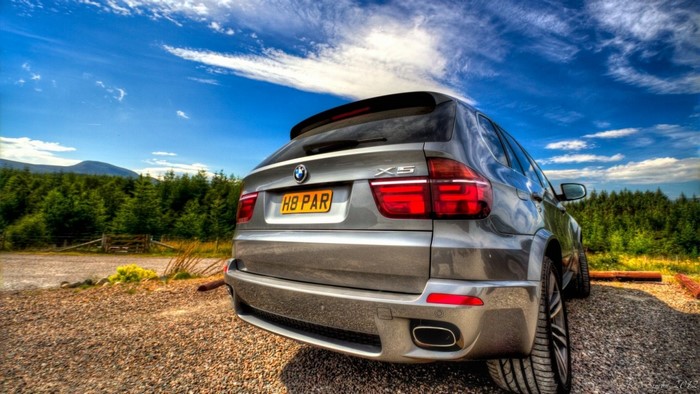 BMW X5 parked in a forest landscape under a blue sky