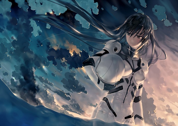 Anime girl in white suit among clouds