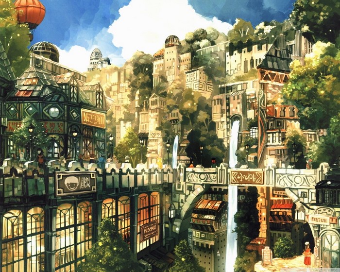 Anime city with waterfalls and hot air balloon