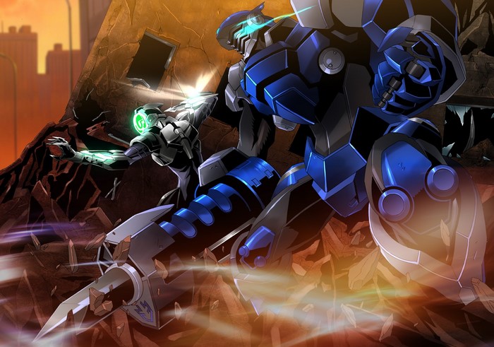 Anime mecha battle in destroyed city