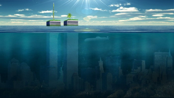 Underwater city with submarine and floating islands
