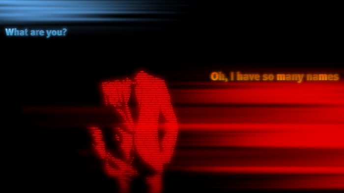Red figure with text 'What are you?' and 'Oh, I have so many names'