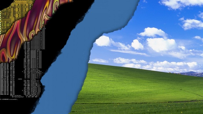 Torn wallpaper with technology and Windows XP landscape
