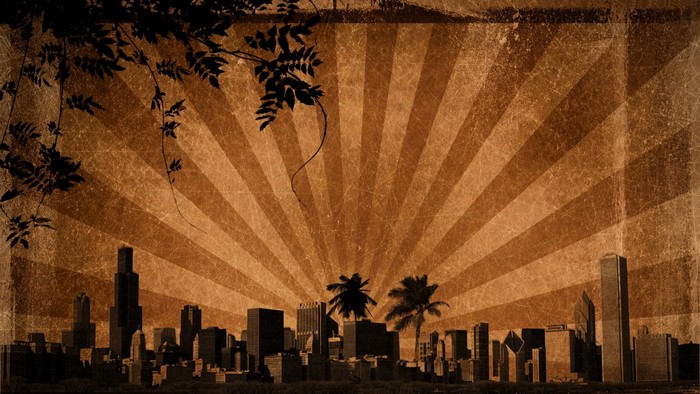 Cityscape with Sunbeams and Foliage