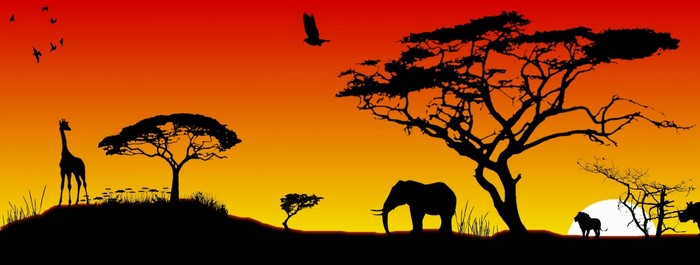 African savanna sunset with animals and acacia trees
