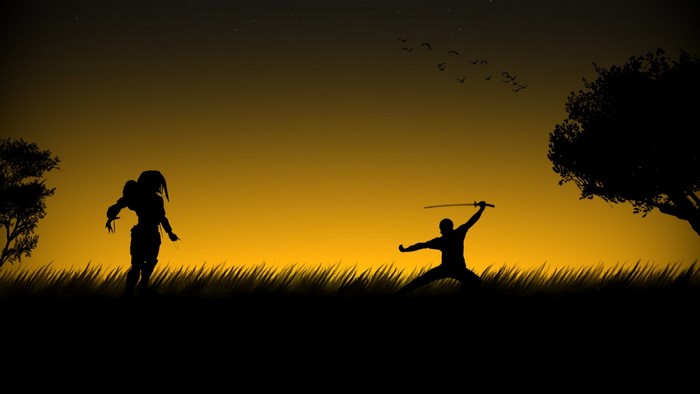 Predator vs Samurai silhouette at sunset