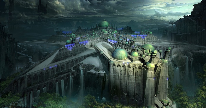 Fantasy city with green domes and waterfalls