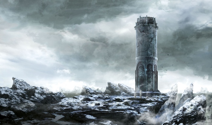 Tower in a rocky, snowy landscape from The Witcher 3: Wild Hunt 4K
