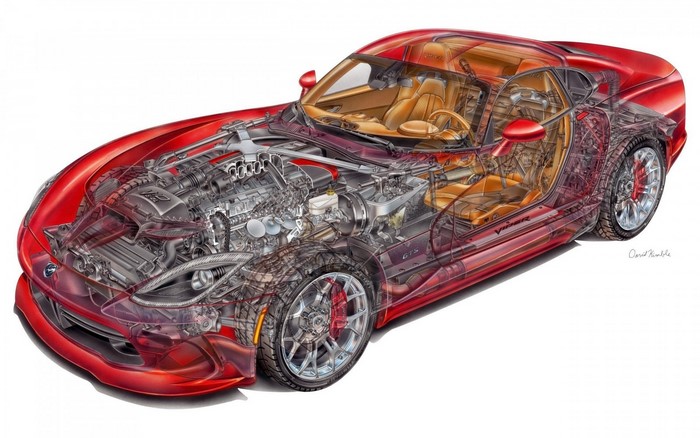 Cutaway illustration of a red Dodge Viper GTS sports car