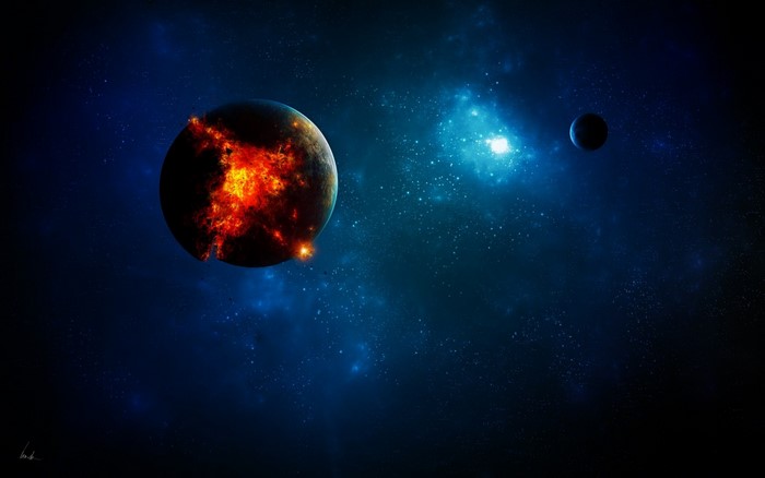 Exploding planet in outer space with a moon