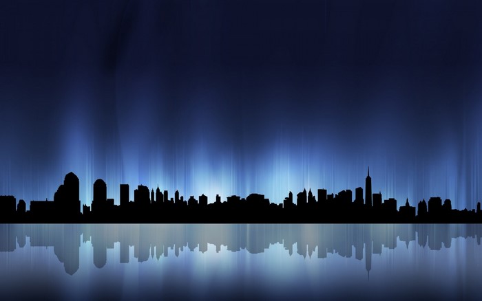 City skyline silhouette with blue aurora reflection