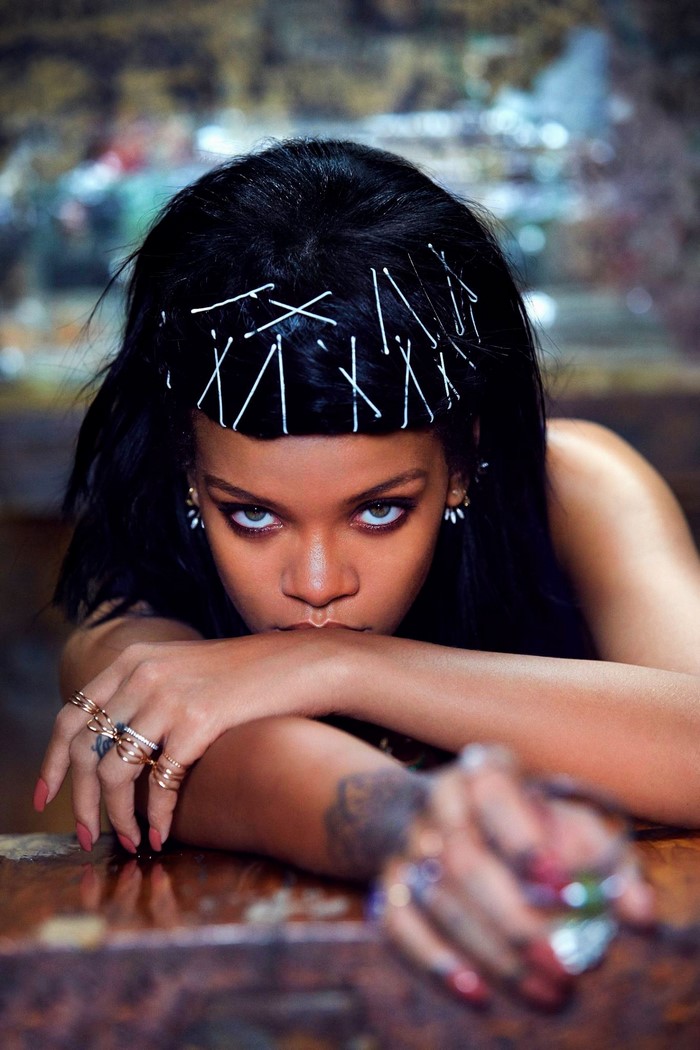 Rihanna with bobby pins in her hair