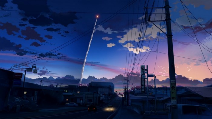 Anime cityscape with rocket launch at sunset