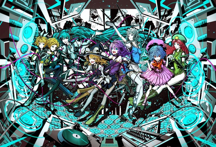 Anime girls with Touhou and Vocaloid characters in a psychedelic art style