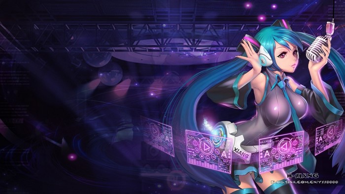 Hatsune Miku from Vocaloid singing with a microphone