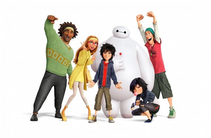Big Hero 6 characters: Hiro, Baymax, Wasabi, Honey Lemon, Gogo Tomago, Fred