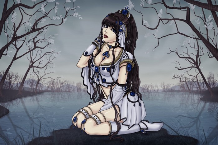 Anime woman in white and blue costume by a lake