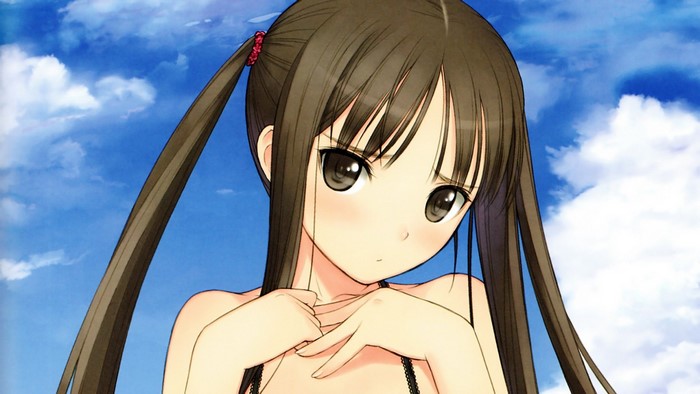 Anime girl with pigtails against blue sky