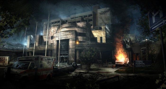 Apocalyptic scene outside Gympie Hospital with burning vehicle
