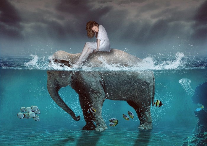 Girl riding an elephant in a split view ocean scene