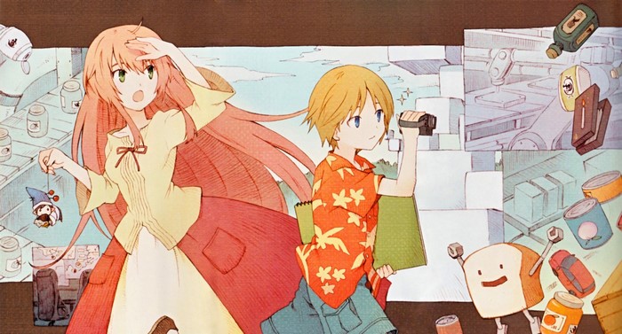 Illustration of characters from Jinrui wa Suitai Shimashita