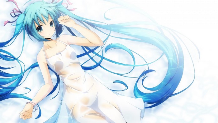 Hatsune Miku in a white dress with blue hair