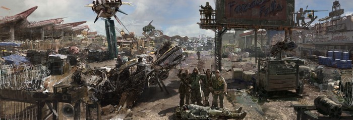 Post-apocalyptic settlement with soldiers and wrecked vehicles