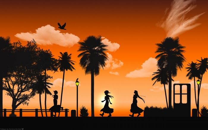 Anime girls walking by palm trees at sunset